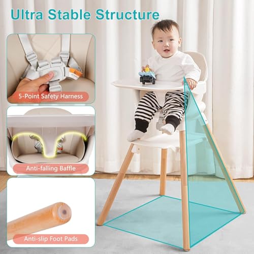 Image of High Chair, 6 in 1 Wooden Convertible High Chairs for Babies and Toddlers, Booster Seat with Double Tray & Reversible Footrest Baby Highchair, 5-Point Harness Baby Feeding Chair, Beige