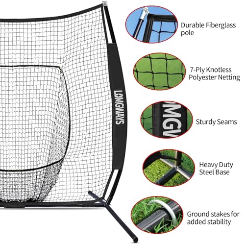 Image of 7x7ft /8x8ft Baseball Softball Net with Steel Frame for Batting, Hitting, Pitching, Portable Baseball Batting Net with Carry Bag, Great for All Levels