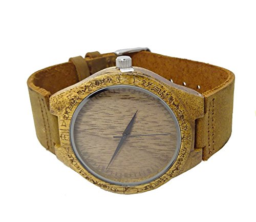 Relógio de madeira feito à mão Acacia Koa com petroglifos havaianos e alça de couro de vaca Kahala M