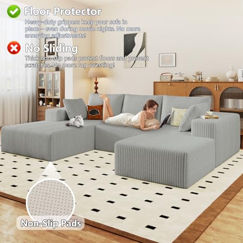 Image of 96 inch Modular Sectional Sofa with Ottoman, Modern Corduroy Cloud Couch with Deep Seat, Boneless Couch Upholstered 3-Seater U-Shaped Sofa for Living Room, No Assembly (Light Grey, Left-Facing Chaise)