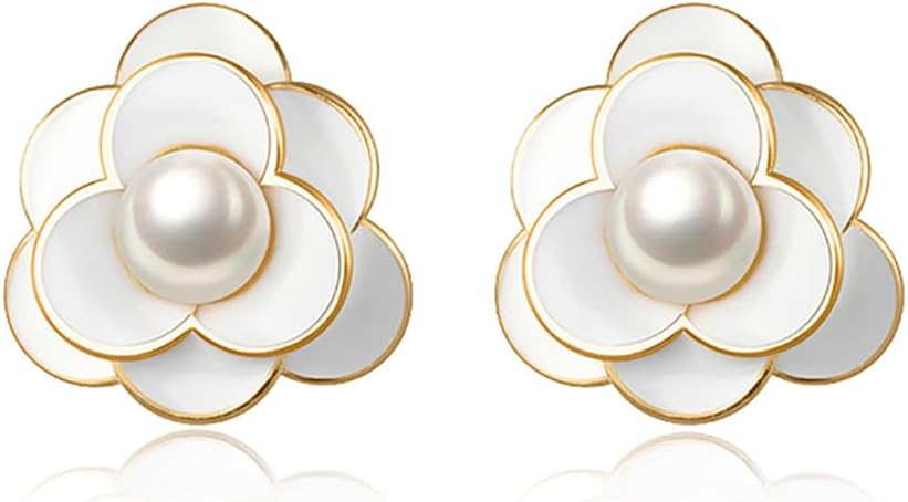 Reffeer Solid 925 Sterling Silver Simulated Pearl Flower Earrings Studs for Women Teen Girls Flower Stud Earrings Pearls for Wedding