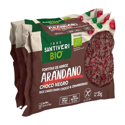 Santiveri - Tortitas de Arroz con Chocolate Negro y Topings de Arándano BIO - Sin Gluten - Con Fibra, Con Ingredientes Ecológicos - 3x37g