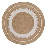 LOLAhome - Alfombra Redonda de Yute Natural con c&iacute;rculos Blancos de &Oslash; 120 cm. Confecci&oacute;n Artesanal Resistente y Duradera Que Suma originalidad y Calidez a Salones o dormitorios Modernos.