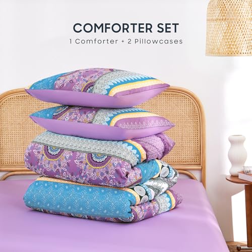 Image of Wake In Cloud - Boho Comforter Set, Bohemian Chic Colorful Medallion with Geometric Botanical Flowers and Horizontal Stripes, Soft Lightweight Bedding, 3 Pieces, Purple, King Size