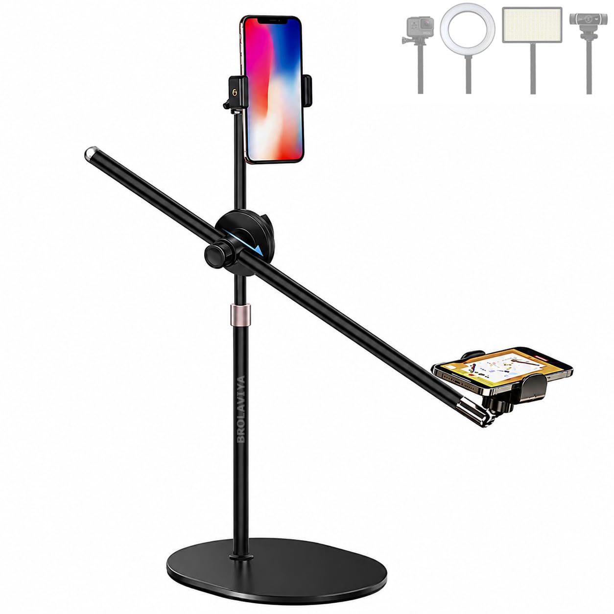 BROLAVIYA Overhead Video Floor Stand, Premium Metal Body, 1/4" Head for Webcam,Gopro, 360° Rotation with Mobile Bracket for YouTube, TikTok, Desktop, Bedroom, Cooking and Recording.-image-29