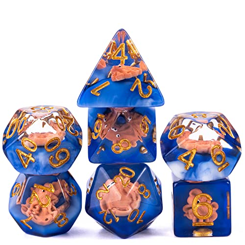 UDIXI 7PCS Resin DND Dice Set, Blue D&D Dice Set Filled with Octopus for RPG Role Palying Games and Other Tabletop Games, d and d,