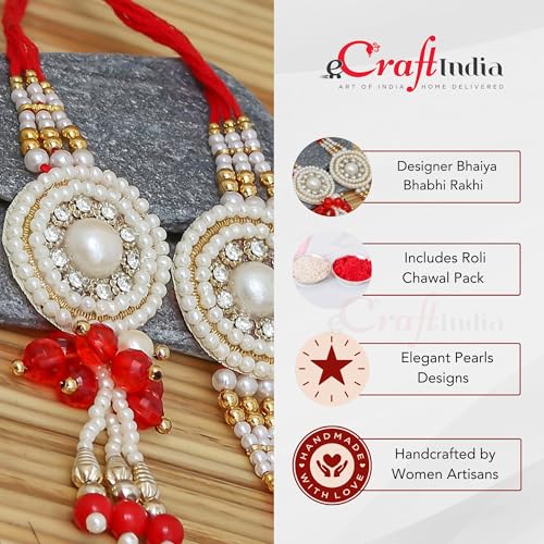Image of eCraftIndia Boy's Golden & White Beads, Pearl, Diamond Designer Bhaiya Bhabhi Rakhis With Roli Chawal