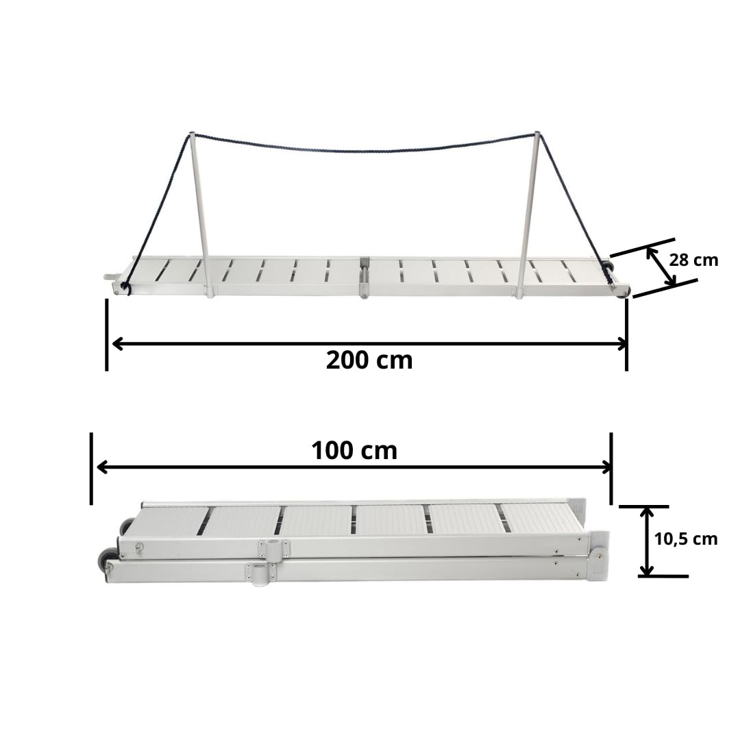 Pasarela de Aluminio para Barco, 2 Metros de Longitud, Plegable en Dos tramos, Ligera y Resistente con Ruedas. BP