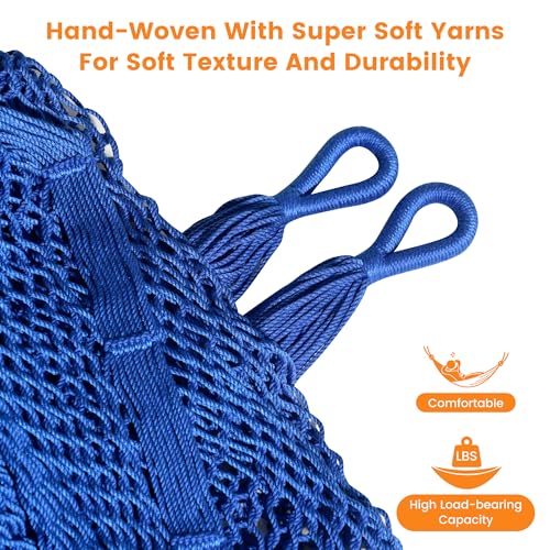 Image of Lazy Daze Hammocks Handwoven XL Mayan Hammock, 10.5 FT Soft Rope Double Hammocks, Portable Outdoor Hammock with Carry Bag, 2 Straps & Carabiners for Patio Outside, 550 lbs Weight Capacity, Blue