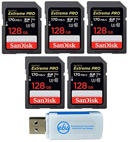 SanDisk (Five Pack) SD Extreme Pro Memory Card Works with Digital DSLR Camera 4K V30 UHS-I (SDSDXXY-GN4IN) Bundle with Everything But Stromboli (TM) Combo Reader