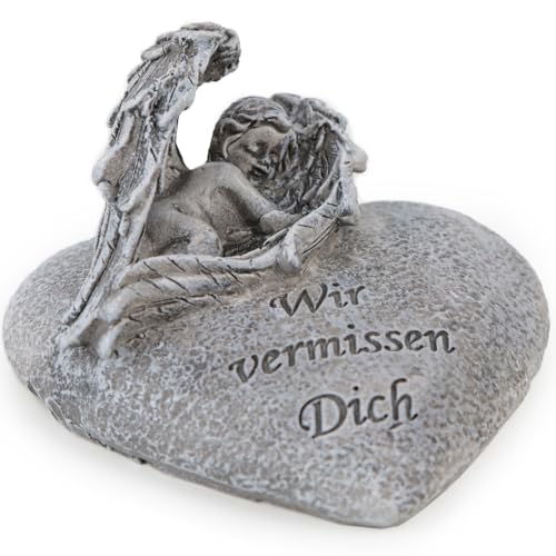 Logbuch-Verlag Grab Herz mit Engel und Inschrift Wir vermissen Dich Grabschmuck grau klein wetterfest 10 x 10 x 6,5 cm