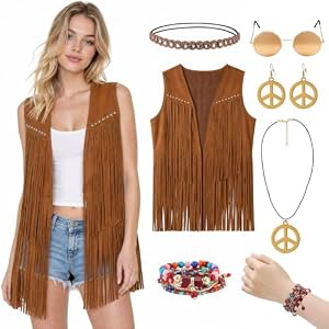 Putfoka 60er 70er Hippie Kostüm Damen Set mit Hippie-Fransenweste und Accessoires, Hippie Kleidung, 70er jahre outfit damen, karnevalskostüm Faschingskostüme