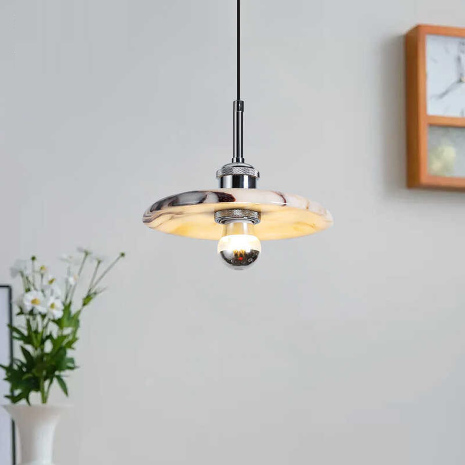 Lampada a sospensione in marmo naturale in stile spagnolo a in pietra di metà secolo Lampadario a testa singola Plafoniera con venature lucidate a mano(30cm)