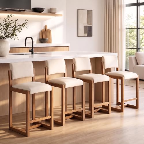 26" Bar Stools Set of 4, Beige Linen Counter Height Stools | Square Back with Wood Legs, Modern Upholstered Armless Bar Chairs for Kitchen, Dining Room, Bar, Island, Space Saving