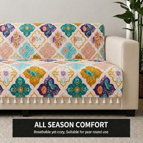 Image of STITCHNEST 'Frostvine Collection' 3 Seater Sofa Cover - Full Coverage| Cotton Quilted Fabric, Decorative Tassels, Washable & Durable for Modern Living