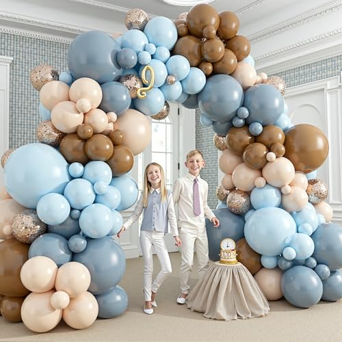 Image of 412Pcs Dusty Blue and Brown Balloon Arch Kit, 5 10 12 18inch Bear Baby Shower Decorations with Brown Sand White Dusty Blue Balloons for Baby Shower Decorations Gender Reveal Birthday Party Decoration
