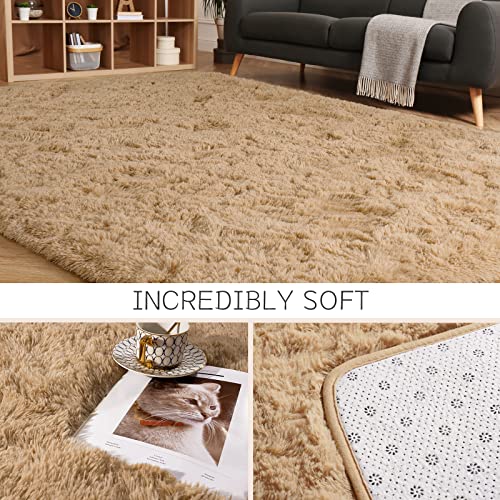 HOMORE Luxury Fluffy Area Rug 8x10 Feet Modern Shag Rugs for Bedroom Living Room, Super Soft and Comfy Carpet, Cute Carpets for Kids Nursery Girls Home, Light Tan