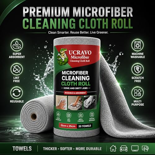Image of UCRAVO Reusable Kitchen Towel Roll microfiber cleaning cloth - 2000 Times Washable | Soft & Highly Absorbent| Alternative to Dishcloth Kitchen Tissue Paper Roll | 20 Sheets for Home Glass Cleaning