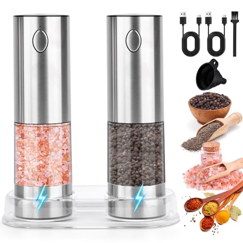 TAVADA Moulin à Poivre Électrique,Ensemble Salière et Poivrière Électrique,Set de Moulins à épices Automatiques,Équipé de Lumière LED Blanche et Réglage de Grossièreté pour Moudre Diverses épices