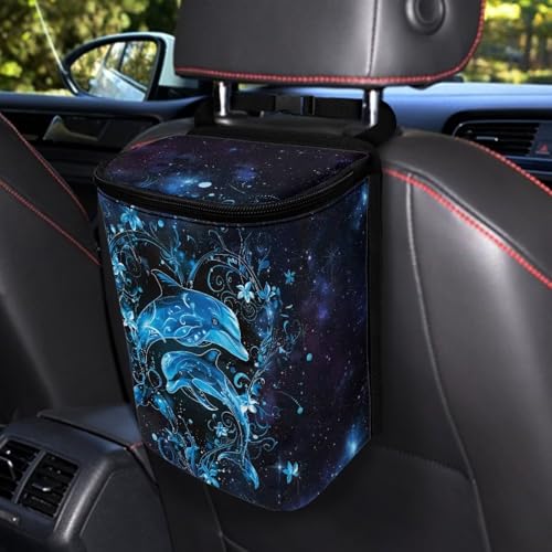 Image of Talayituse Galaxy Dolphin Floral Print Car Trash Can Portable Auto Garbage Bin Multifunctional Vehicle Interior Accessories with Adjustable Straps Universal Fit Truck SUV Sedan
