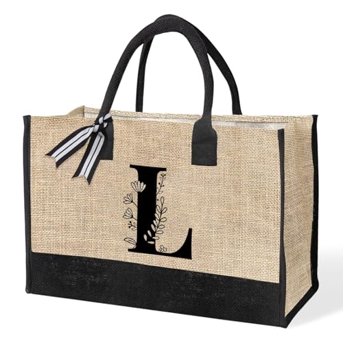 VLYX Bolsa de lona personalizada con inicial, bolsa de playa, bolsa de regalo adecuada para cumpleaños, bodas, playa, vacaciones, excelentes regalos de cumpleaños para mujeres, mamás, maestras