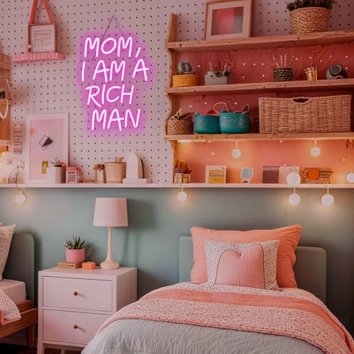 Image of Lucunstar Mom I Am A Rich Man Neon Sign Pink Neon Signs for Wall Decor Pink LED Light for Bedroom Decor USB Connectivity Led Neon Signs for Home Boys Room Man Cave Gifts for Teens