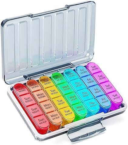 Zoksi Moisture-Proof Weekly Pill Organizer 4 Times a Day, 7 Day Pill Box 4X a Day, One Week Travel Pill Case with 28 Portable Compartments, Medicine Container for Vitamins, Supplements or Medication
