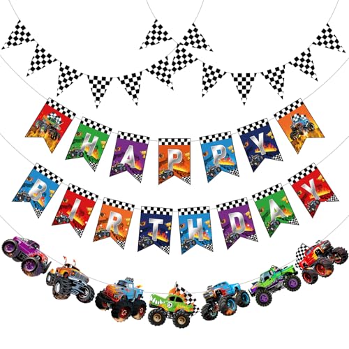 Pasimy 4 Pcs Truck Birthday Banner Cars Monster Truck Themed Garland Black and White Checkered Flags Pennants Green Purple Happy Birthday Bunting Racing Car Theme Party Decorations Supplies