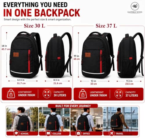 Image of EASTERN WIND 30L & 37L School Bag Backpack, 3 Compartments, Raincover, Laptop Sleeve, Safety Strip, Organizer. School Bag for Boys & Girls, College Bag, Office Bag.