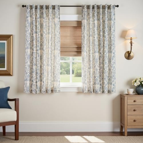 Image of jinchan Linen Floral Curtains for Living Room with Printed Flower 63 Inches Long Light Filtering Farmhouse Window Treatment Vintage Short Drapes Back Tab Rod Pocket 2 Panels Blue on Beige