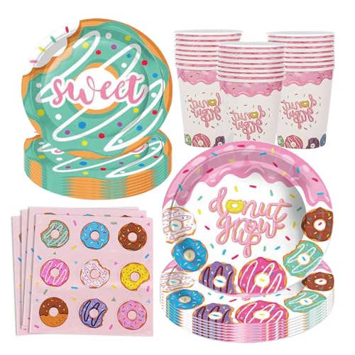 BlinBlin Donuts Vajilla de Fiesta, Platos de Vajilla de Fiesta Temática Postre Rosa, Decoración para Fiestas de Cumpleaños, Platos, Servilletas, 16 Invitados