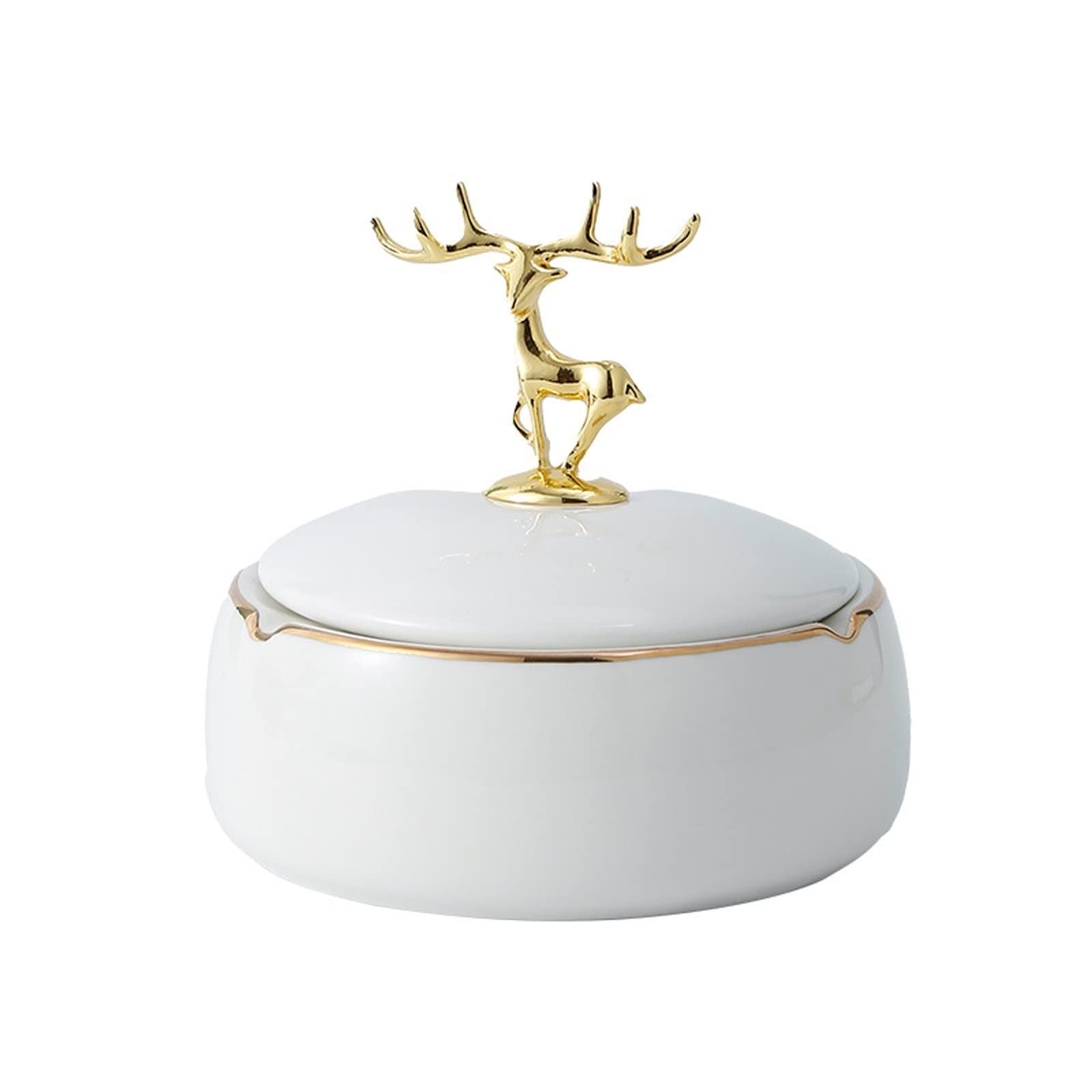 ashtray， Luxurious Ceramic Ash Tray with Elk Decorate Lid,Smoking Ashtrays Fancy Gift(White)
