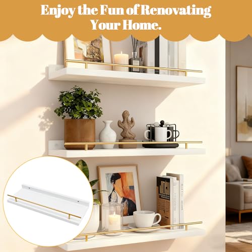 Huucozn 3er Set Wandregal Weiß wand regale Holz Schweberegal 40x15cm regalbrett Weiss holzregal wand Wandboard für Bilderrahmen und Bücher Bilderregal Hängeregal für Schlafzimmer Küche Büro Wohnzimmer