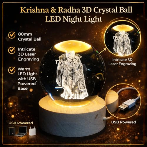 Image of 3D Radha Krishna Crystal Ball Night Light lamp, LED Illuminated Glass Globe with Wooden Base, Decorative Figurine with Etched Design for Home, Office, Birthday Gift, USB Powered