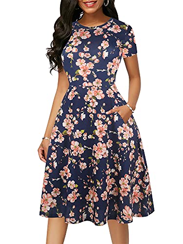 Image of oxiuly Women Casual Dress Round Neck Soft Cotton Floral A-Line Midi Summer Dresses with Pockets OX262