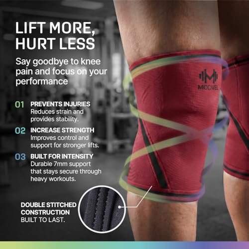 Image of Modvel 7mm Neoprene Knee Sleeves for Men & Women Weightlifting & Powerlifting - Compression Knee Sleeve Support for Squats, Gym, Training - USPA, IPL Approved - Medium Red (Pair)
