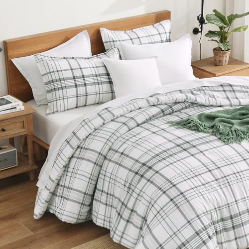 Image of Andency Green White Plaid Comforter Set Full(79x90Inch), 3 Pieces Preppy Grid Gingham Stripes Bedding Comforter Sets for Boys Girls Kids Teens, Green Line Soft Lightweight Geometric Reversible Bed Set