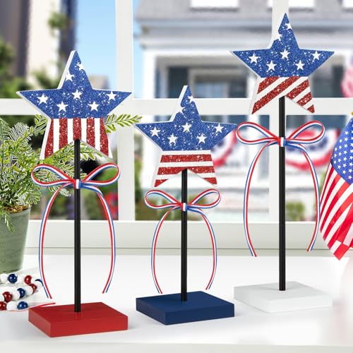 3 PCS 4th of July Table Decorations Wooden Star Set, Rustic Patriotic Decor, Red White and Blue Decorations for Home (Stripe) - Image 3