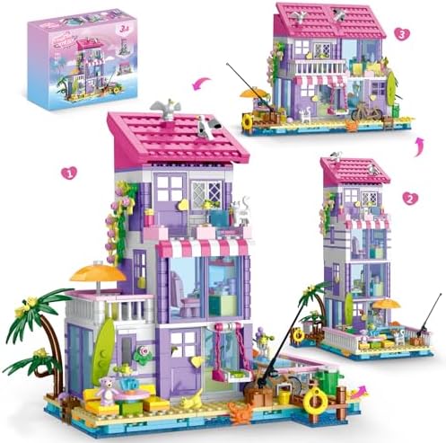 3 in 1 Pink Girls Beach House Building Set with Light, Seaside Villa Friends Building Toys, Compatible with Friends Construction Educational Toy for Adults Kids Girls Age 14+ (961 PCS)