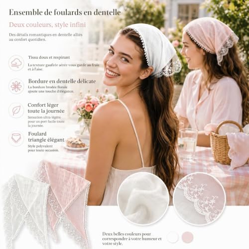 NUOM Lot de 2 Foulards Triangle en Dentelle pour Cheveux Femme, Bandanas Ajustables Blanc et Rose, Bandeaux Vintage Bohème en Maille Florale pour Coiffure, Plage, Festival, Photo et Usage Quotidien – vue 6