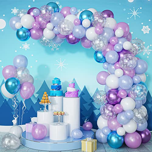 Kit d'arche de ballons La Reine des Neiges - Violet métallisé - Bleu et blanc - Avec ballons confettis flocon de neige - Reine des neiges - Pour anniversaire, fête prénatale, Noël, fête d'hiver Cover