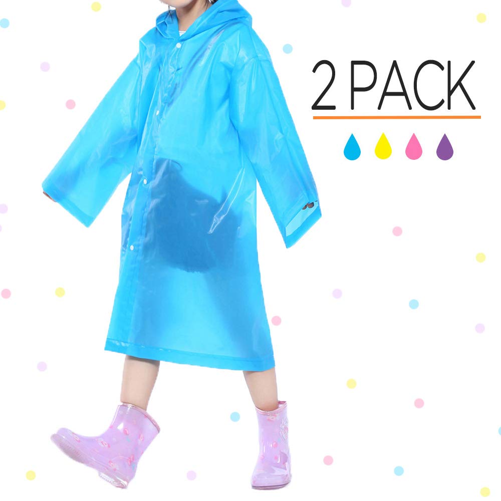 OpretOpret Portable Kids Children Rain Poncho, Reusable Raincoat with Hoods and Sleeves, Durable, Lightweight and Perfect for Outdoor Activities (2 Pack Blue)