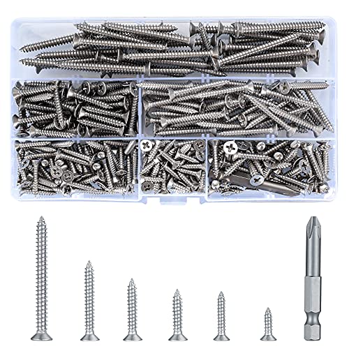 300 Pcs Stainless Steel Wood Screws Cross Drive Flat Head Screws Assortment Kit Self Tapping Drywall Countersunk for Woodworking DIY - M3.5/M4.2/M4.8 13mm/19mm/32mm/25mm/50mm