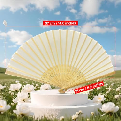 Image of Fabric Handheld Folding Hand Fan With a Tassel Grade A Bamboo Ribs for Women Girls Summer Party Event Favor Birthday Wedding Souvenir Gift (Ivory Beige)
