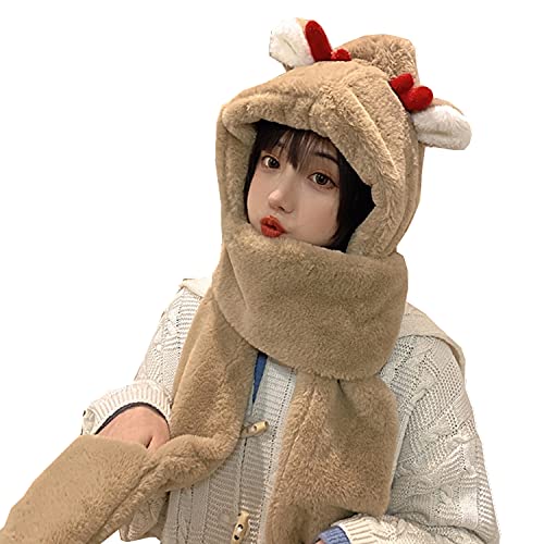 Women Girls Lovely Cartoon Animal Ears Hat Scarf Gloves 3-in-1 Set Plush Winter Warm Hoodie Hat with Scarf Pocket Mitts2