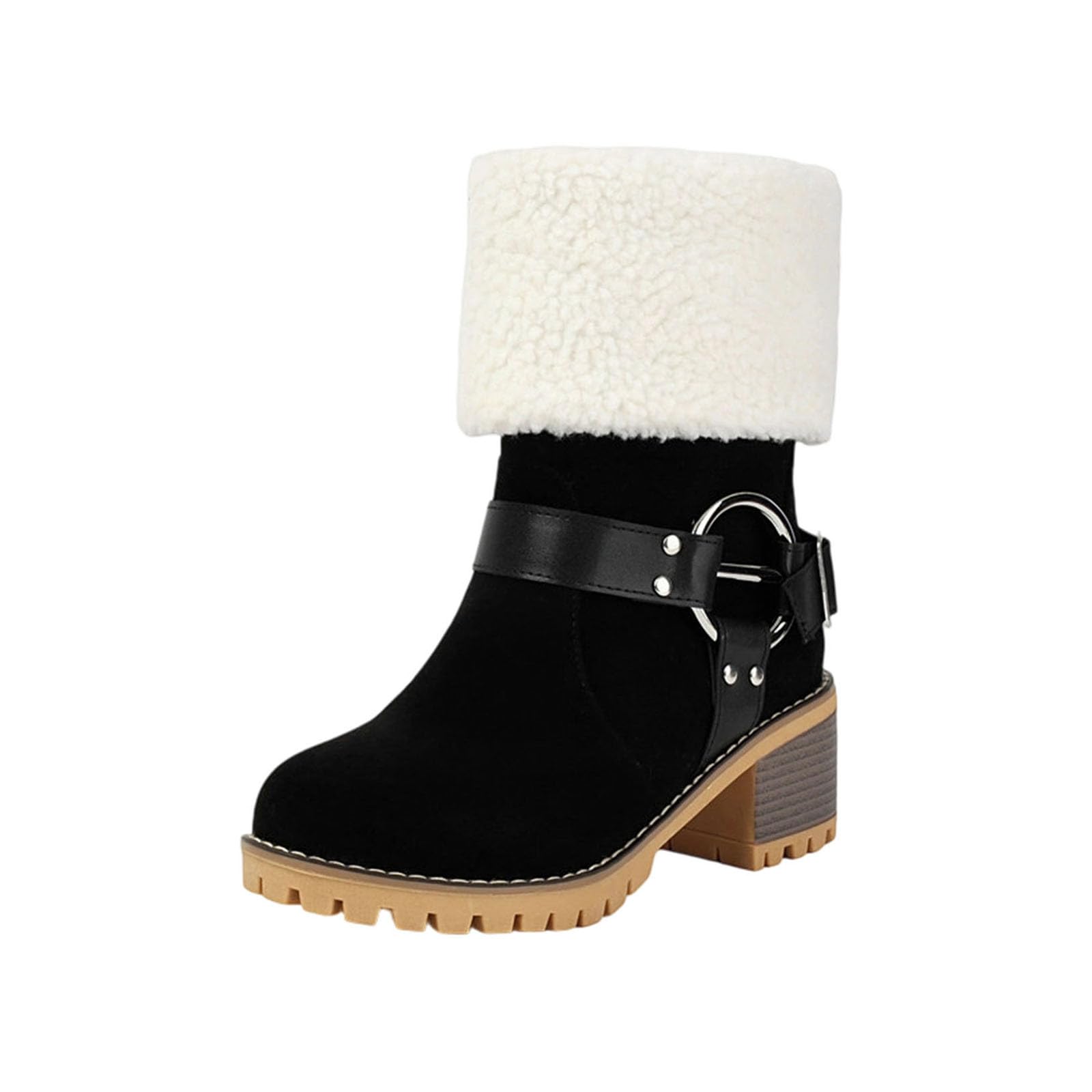 Winter Boots for Women Fur Ankle Suede Warm Round Toe Platform Chunky Slip On Mid Heel Winter Snow
