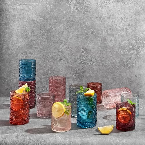 Image of Beaded Hobnail Drinking Glasses Set | Set of 12 | 6x Tumbler 11 OZ + 6x Highball 12 OZ Bubble Design Whiskey Glassware, Old-Fashioned, Embossed Design Glass for Water, Wine, Cocktail HAND WASH ONLY