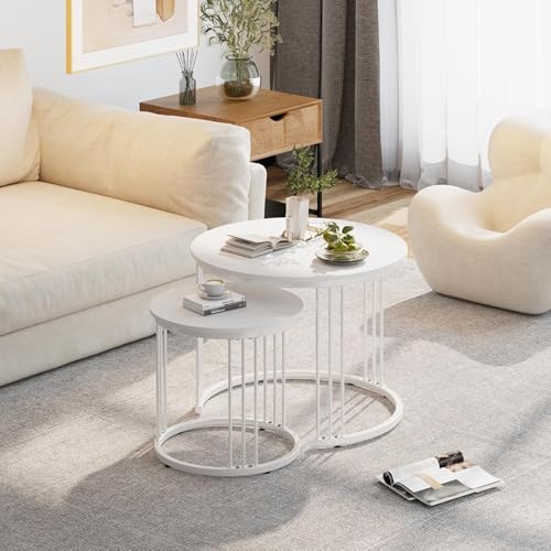 Garden 4 you Couchtisch Rund, Satztisch 2er Set, Wohnzimmertisch Modern, Couchtisch aus Holz, Beistelltisch Set Rund, Kaffeetisch, Sofatisch, Tischkombination fürs Wohnzimmer Büro Balkon (Weiß)