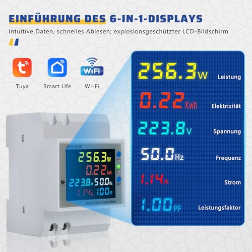 BOSYTRO Stromzähler Hutschiene 1 Phasig, Wifi Smart Stromzähler AC40-300V 100A 6 in 1 Multifunktionaler Wechselstromzähler KWh Zähler, Digitaler stromzähler DIN, Geschlossenem Typ CT