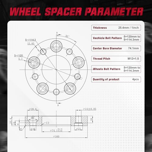 Image of BDFHYK 5x120mm to 5x114.3mm Wheel Bolt Pattern 1 inch Convert Wheel Spacer Compatible with Buick Cadillac Chevy GMC Pontiac,5 Lug Wheel Adapters M12x1.5 & 74.1 mm Hub Bore, Set of 4, Not Hubcentric